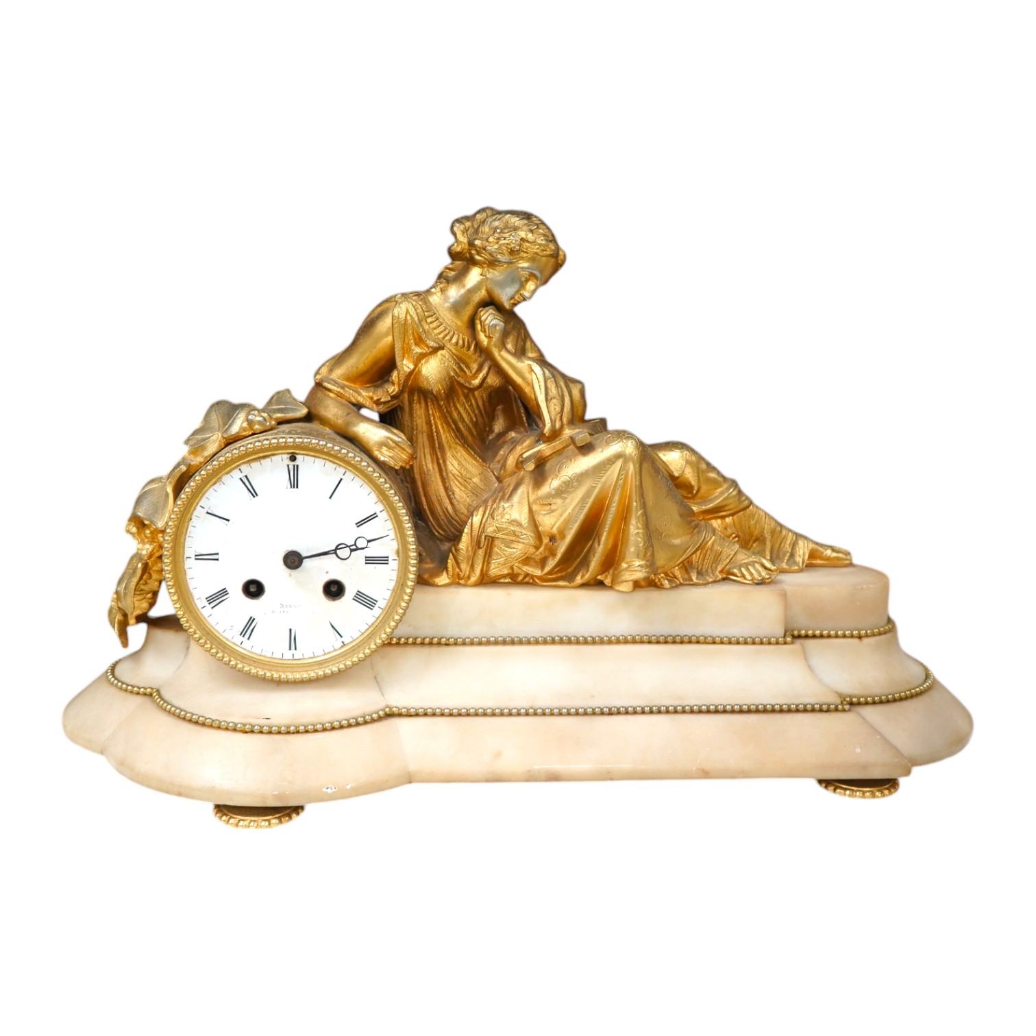 A 19th century white marble mantel clock with enamel dial, surmounted with a gilt spelter figure, with key, 46cm wide. Condition - fair, untested